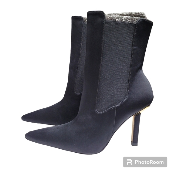 Good American Shoes - Good American Sleek Black Neoprene Pointed Toe Mid Calf Heel Boots Size 8 New